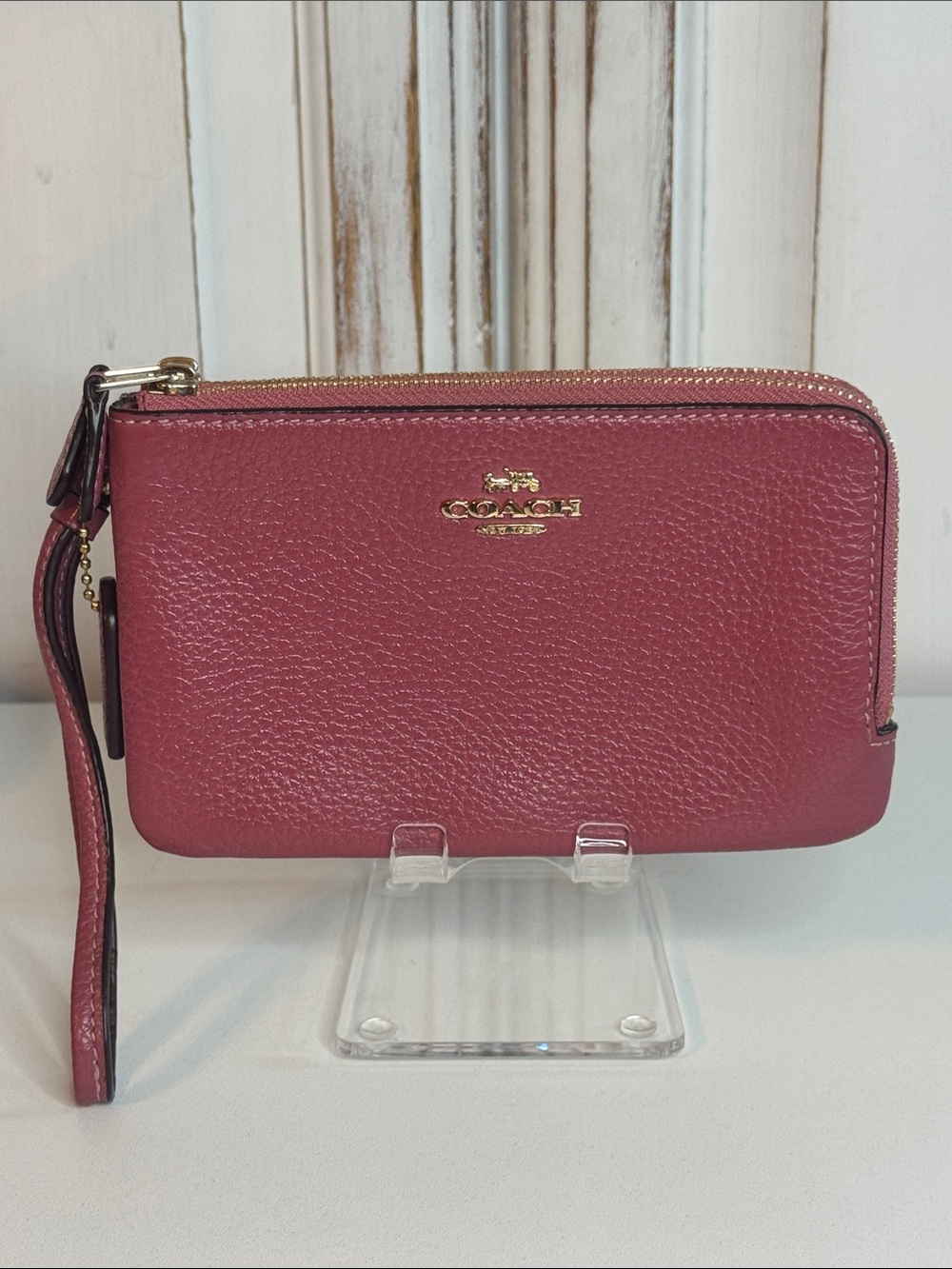 Coach Pebbled Leather Double Zip Wristlet Wallet Pink Mauve Gold Tone